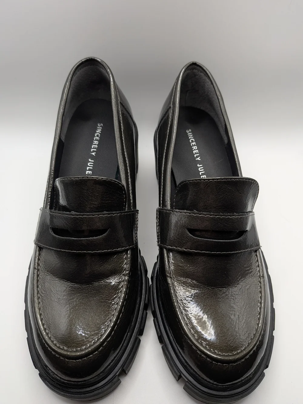 Chunky Patent Leather Platform Loafers 6.5 Green Gray Sincerely Jules Dylan